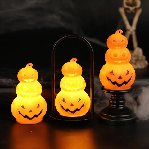 Halloween Stacked Pumpkin LED Light Glowing Jack-O-Lantern Ornament For Home Party Decoration Plastic Candle Holder Lamp Orange Black
