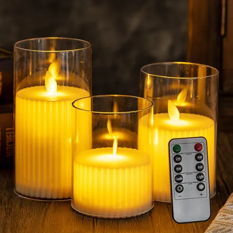 Faux Moving Wick LED Electronic Candle Light Fluted Night Light Cylindrical Pillar Flameless Candles For Wedding Decor