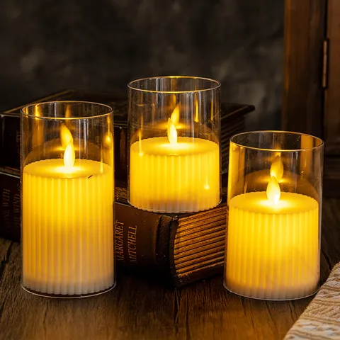 Faux Moving Wick LED Electronic Candle Light Fluted Night Light Cylindrical Pillar Flameless Candles For Wedding Decor