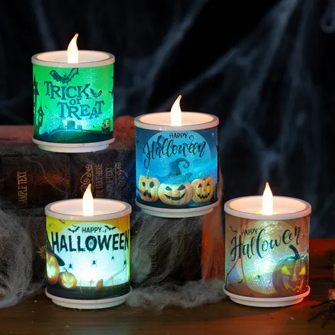Halloween LED Electronic Candle Light Spooky Pumpkin Bat Pattern Night Light Spooky Atmosphere Party Home Decor Prop Lamp