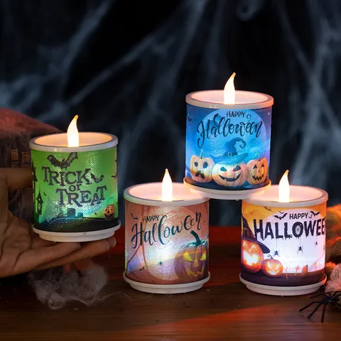 Halloween LED Electronic Candle Light Spooky Pumpkin Bat Pattern Night Light Spooky Atmosphere Party Home Decor Prop Lamp