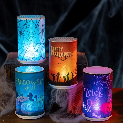 Halloween LED Electronic Candle Light Spooky Atmosphere Ornament Pumpkin Skull Spider Web Pattern Night Light Holiday Home Decoration