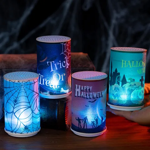 Halloween LED Electronic Candle Light Spooky Atmosphere Ornament Pumpkin Skull Spider Web Pattern Night Light Holiday Home Decoration