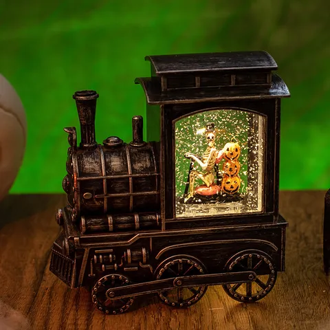 Halloween Steam Train Snow Globe Water Lantern Retro LED Lighted Skeleton Pumpkin Festive Home Decoration Ornament Gift