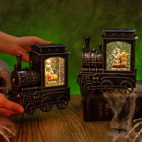 Halloween Steam Train Snow Globe Water Lantern Retro LED Lighted Skeleton Pumpkin Festive Home Decoration Ornament Gift
