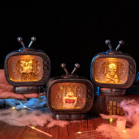 Halloween Retro TV LED Ornamento Luminoso Acqua Glitter Globo Spaventoso Fantasma Scheletro Zucca Decorazione Tavolo Atmosfera Festiva