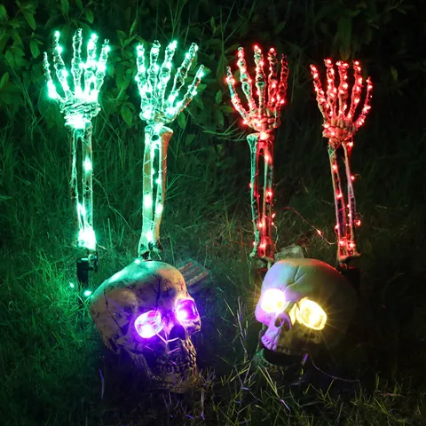 Halloween LED Χέρια Σκελετού Και Κρανίο Πασσαλάκια Εδάφους Φωτιζόμενα Διακοσμητικά Κήπου Υπαίθρια Αξεσουάρ