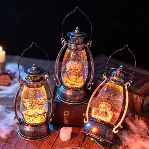 Lanterna LED retrò di Halloween Lampada a forma di zucca Fantasma Teschio Luce notturna decorativa con glitter liquidi Ornamento da tavolo per feste
