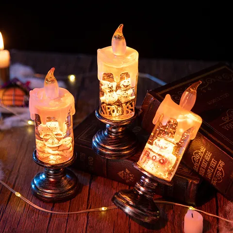 Halloween LED Candle Light Liquid Glitter Ghost Skeleton Pumpkin Desktop Ornament Night Light Vintage Tabletop Decoration Party Supplies