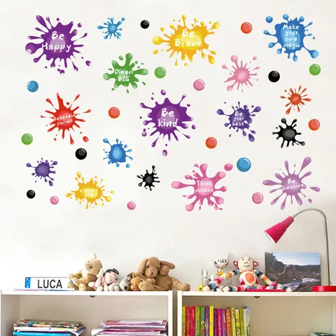 Stickers Muraux Citations Inspirantes Énergie Positive Pour Chambre D'enfant Éclaboussures D'encre PVC Imperméable Décalcomanies Décor