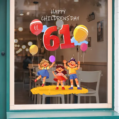Happy Childrens Day Static Cling Window Stickers Cartoon Kids Balloon Pattern PVC Removable Wall Stickers For Classroom Mall Window Decor