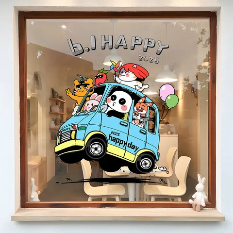 Pegatina Estática para Ventana Autobús Animales Dibujos Animados 2025 Sin Pegamento PVC Impermeable Decoración Tienda
