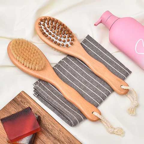Natural Wooden Bath Brush With Boar Bristles And Massage Beads Dual Sided Long Handle Body Scrubber For Back Shower Spa