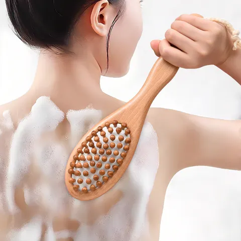 Natural Wooden Bath Brush With Boar Bristles And Massage Beads Dual Sided Long Handle Body Scrubber For Back Shower Spa