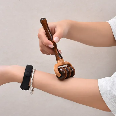 Portable Wooden Handheld Roller Massager Ergonomic Handle Three Roller Body Muscle Relaxation Neck Back Waist Massager Tool