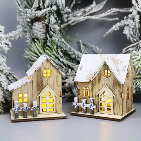 Decorazione Casetta di Legno LED di Natale Scena Innevata Luminosa Baita in Miniatura Ornamento da Scrivania