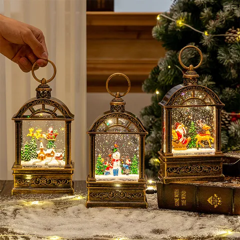 Lanterne de Noël Rétro en Bronze Effet Neige Avec Veilleuse LED Globe de Neige Père Noël Renne Bonhomme de Neige Cadeau de Vacances