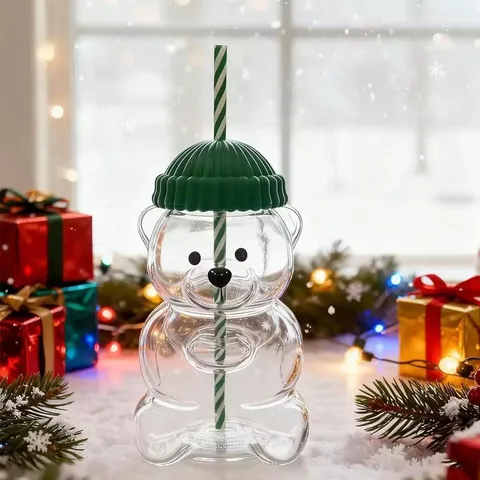 Klares Glas Teddybär Strohhalm Becher Mit Gestricktem Hut Deckel Süßes Cartoon Trinkgeschirr Transparente Wasserflasche Geschenk