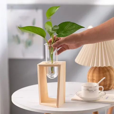 Nordisch Holz Ständer Glas Reagenzglas Vase Kreative Hydrokultur Pflanze Blumen Behälter Desktop Heimdekor Ornament