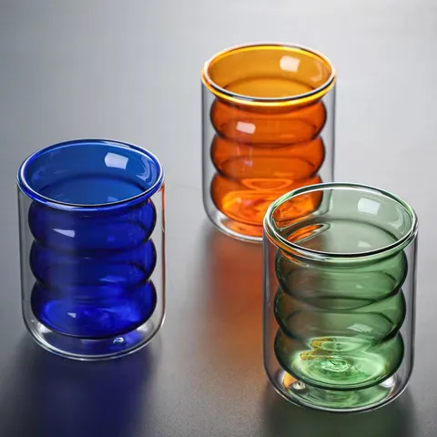 Creative Ripple Glass Cup Transparent Amber Blue Coffee Milk Cup Heat Resistant Borosilicate Glass Drinking Tumbler For Home