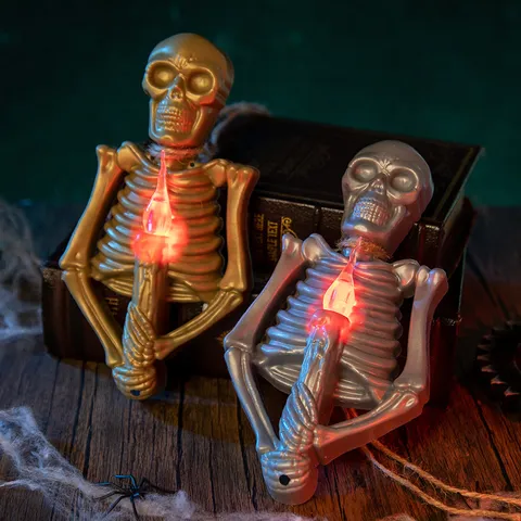 Διακόσμηση Halloween Σκελετός Κηροπήγιο LED Φως Χρυσό Ασημί Κρανίο Μενταγιόν Gothic Horror Πάρτι Σπίτι Διακόσμηση Αξεσουάρ