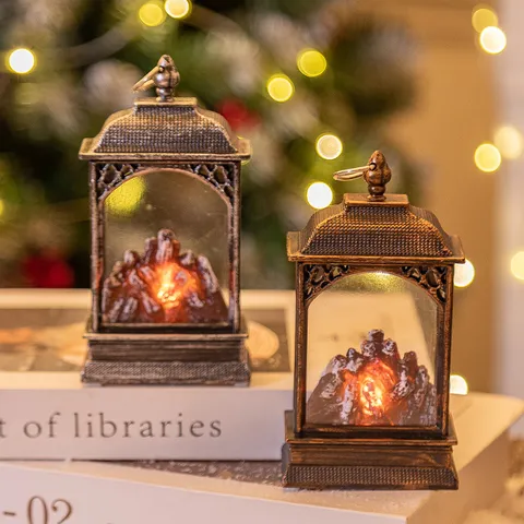 LED Simulation Fireplace Lantern Retro Flickering Flame Lamp Portable Hanging Decorative Light Desktop Ornament For Christmas
