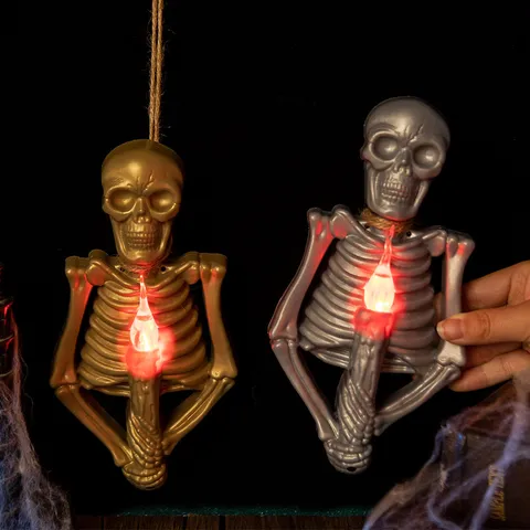 Διακόσμηση Halloween Σκελετός Κηροπήγιο LED Φως Χρυσό Ασημί Κρανίο Μενταγιόν Gothic Horror Πάρτι Σπίτι Διακόσμηση Αξεσουάρ