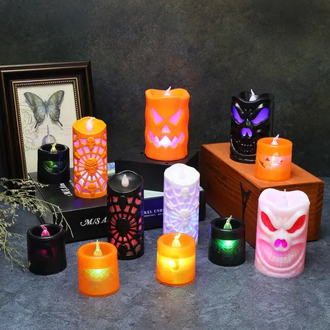 Halloween LED Pumpkin Candle Light Electronic Skull Spiderweb Flameless Candle Night Light Haunted House Festive Party Atmosphere Ornament