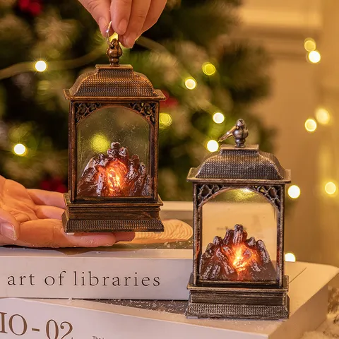 LED Simulation Fireplace Lantern Retro Flickering Flame Lamp Portable Hanging Decorative Light Desktop Ornament For Christmas