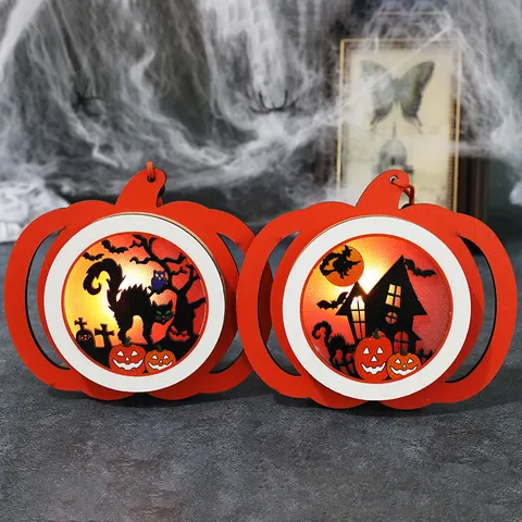 Halloween LED Light Pumpkin Silhouette Wood Ornament Spooky Black Cat Castle Skeleton Glowing Table Decoration For Haunted House Party