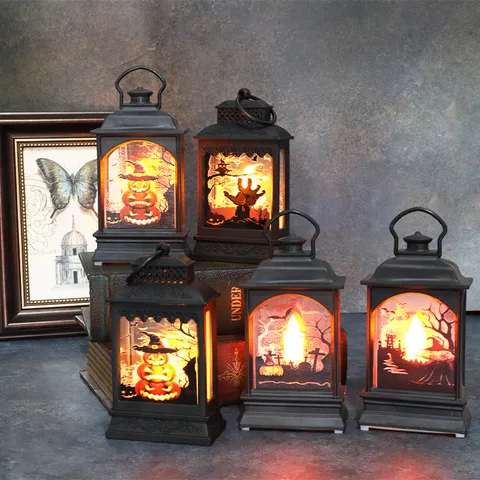 Halloween Vintage LED Lantern Black Plastic Pumpkin Ghost Hand Witch Pattern Hanging Lamp Desktop Ornament Party Decor