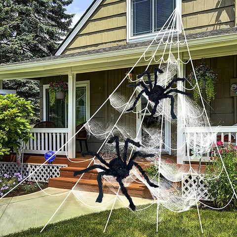 Γιγαντιαία Λούτρινη Αράχνη Προσομοίωσης Halloween Ρεαλιστική Μαύρη Τριχωτή Αράχνη Με Μεγάλο Λευκό Τριγωνικό Ιστό Αράχνης Διακόσμηση Εξωτερικού Χώρου