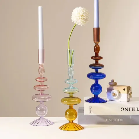 Candelabro Florero de Vidrio Minimalista Creativo Arte Moderno Gradiente Rayado Adorno de Mesa para Decoración del Hogar