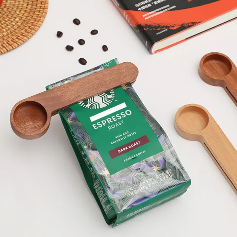 Wooden Coffee Measuring Spoon And Food Bag Sealing Clip Portable Multipurpose Kitchen Baking Scoop For Coffee Beans