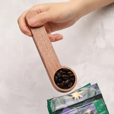 Wooden Coffee Measuring Spoon And Food Bag Sealing Clip Portable Multipurpose Kitchen Baking Scoop For Coffee Beans