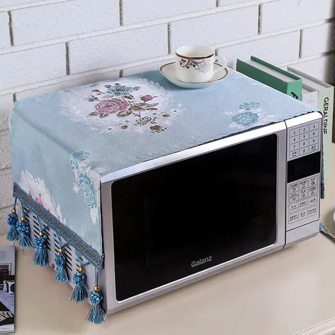 Pastoral Style Fabric Microwave Dust Cover Peony Floral Pattern Tassel Hem Protective Oven Cover Home Kitchen Decor