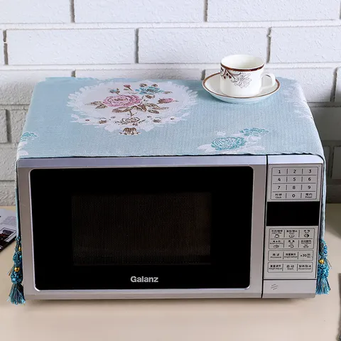 Pastoral Style Fabric Microwave Dust Cover Peony Floral Pattern Tassel Hem Protective Oven Cover Home Kitchen Decor