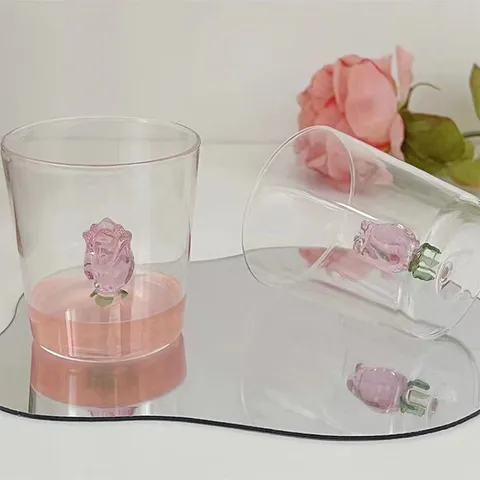 Ins Stil Hohe Borosilikatglas Wasserbecher Klar Süß 3D Rosa Rose Tasse Ästhetische Trinkglas Für Zuhause Milch Kaffee