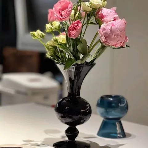Vintage Black Glass Vase Ribbed Lotus Leaf Flower Vase Transparent Amber Blue Green Home Decor Flower Pot