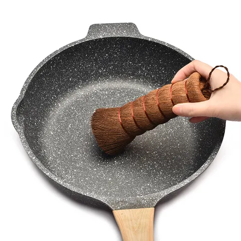 Natuurlijke Palmevezel Afwas Pot Borstel Keuken Anti-aanbak Pan Reinigingsborstel Houten Handvat Schraper