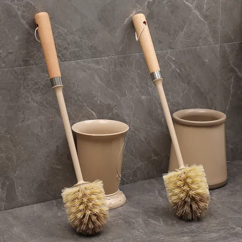 Wooden Long Handle Toilet Brush Set With Holder Minimalist Bathroom Cleaning Tool Toilet Bowl Cleaner Brush With Storage Base