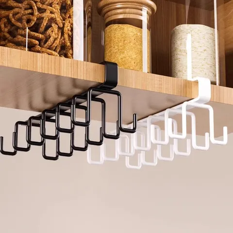 Iron Under Cabinet Mug Hook Rack Drill-Free Kitchen Utensil Holder Double Row Cup Hanger Storage Organizer Shelf For Spatula Spoon