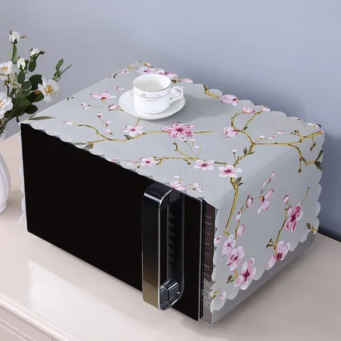 Microwave Oven Dust Cover Cotton Polyester Blend Scalloped Edge Floral Print Dustproof Protector Kitchen Appliance Cover
