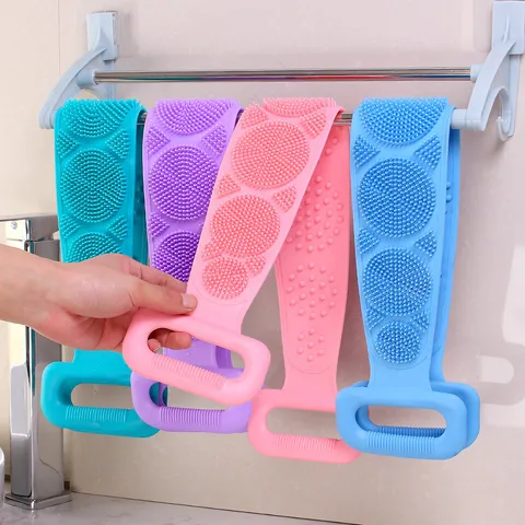 Long Silicone Back Scrubber Bath Towel Double Sided Massage Body Brush Soft Bathing Exfoliating Strap For Shower Cleaning