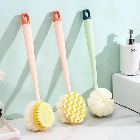 Long Handle Bath Brush Double Sided Exfoliating Body Scrubber Soft Bristle Mesh Bath Sponge Shower Brush For Back Cleaning