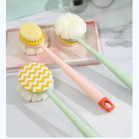 Long Handle Bath Brush Double Sided Exfoliating Body Scrubber Soft Bristle Mesh Bath Sponge Shower Brush For Back Cleaning