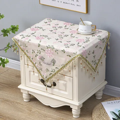 Cubierta Antipolvo Multiusos Mantel Cuadrado de Noche Paño a Prueba de Polvo para Refrigerador Encaje Malla Bordado Floral Decoración
