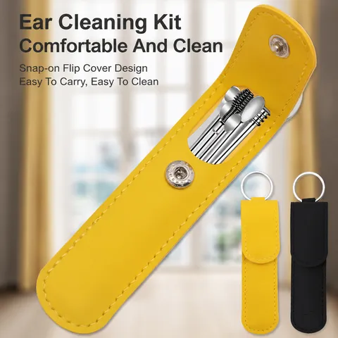 Portable Stainless Steel Ear Pick Set Household Earwax Removal Tool with PU Leather Case and Keychain