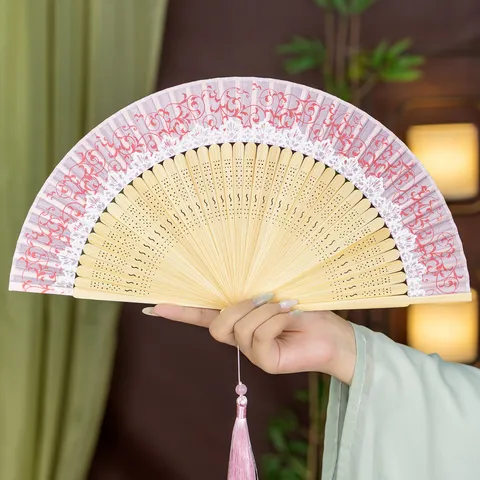 New Chinese Antique Folding Fan Bamboo Silk Handheld Fan With Tassel Portable Summer Vintage Fan For Women