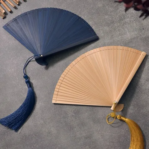 Chinese Classical Style All-Bamboo Folding Fan Plain Surface Summer Hand Fan With Tassel Gift Handheld Fan For Qipao